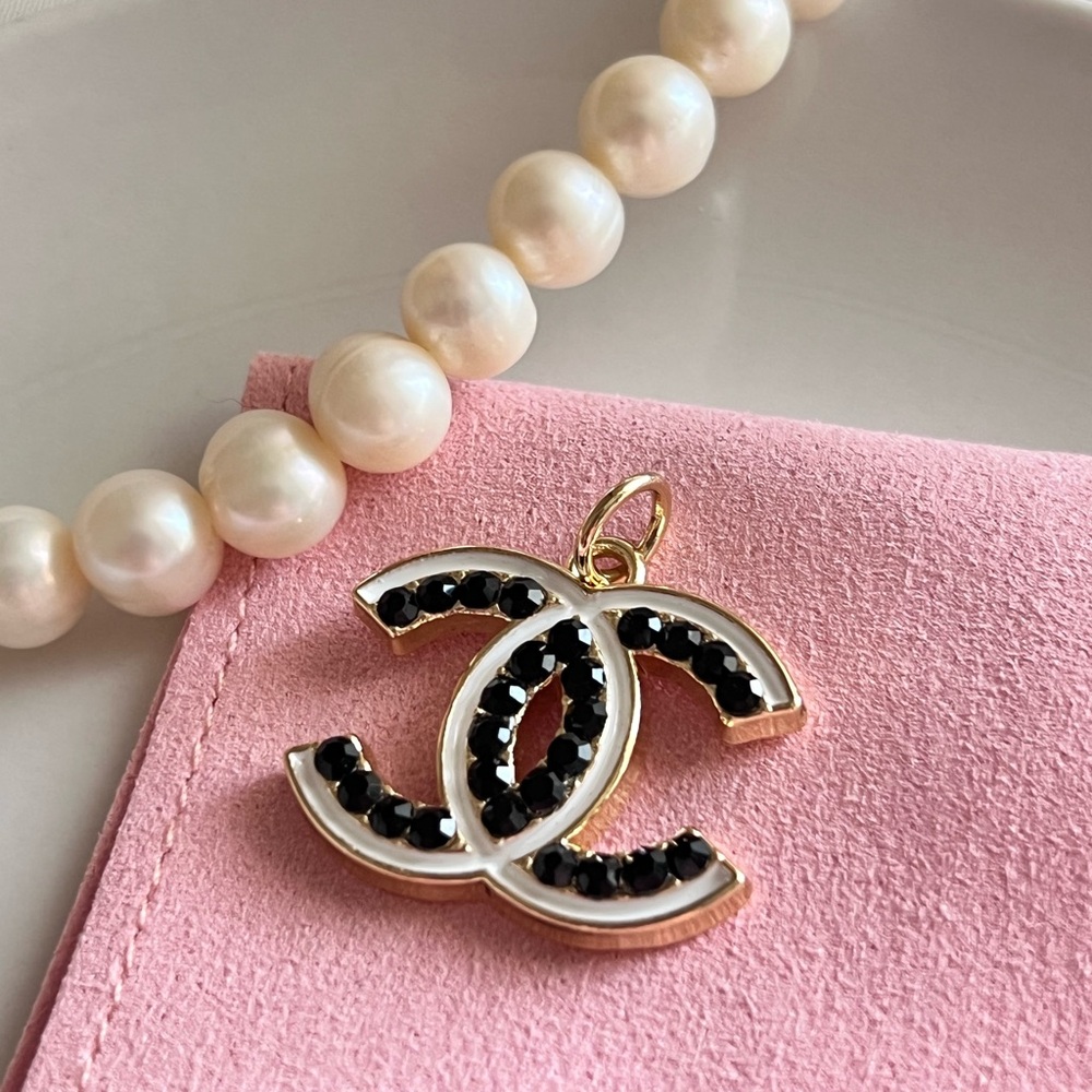 Chanel White with Black Rhinestone Charm
